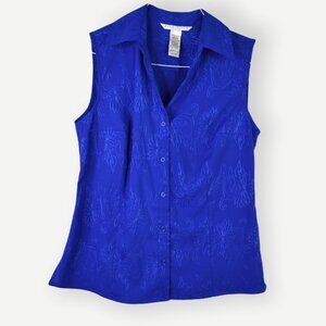 Fred David Top MP Womens Blue Sleeveless Collared Button Front V-Neck